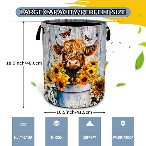 Highland Cow Sunflower Laundry Basket Foldable Waterproof 18.9 x 16.5 Inch - color: highland cow sunflower