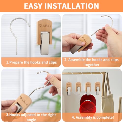 VinBee 6Pcs Laundry Hooks Clips Hanger Wooden Laundry Clips with Hooks Closet Organizer Clamps Clothes Clips Laundry Hanging Clips Towel Clips for Socks, Boot, Bras Bathroom Wardrobe Kitchen, Black