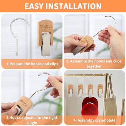 VinBee 6Pcs Laundry Hooks Clips Hanger Wooden Laundry Clips with Hooks Closet Organizer Clamps Clothes Clips Laundry Hanging Clips Towel Clips for Socks, Boot, Bras Bathroom Wardrobe Kitchen, Black