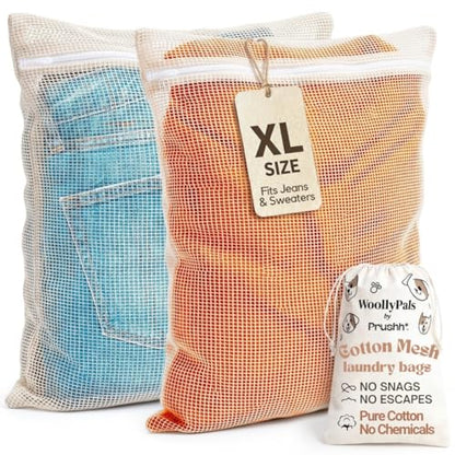 WoollyPals Large Cotton Mesh Zippered Laundry Bags (16" x 20") – 2-Pack with Storage Pouch – Washer & Dryer Safe, Durable Zipper, Breathable Mesh for Clothes, Delicates, Underwear, Shoes & Lingerie