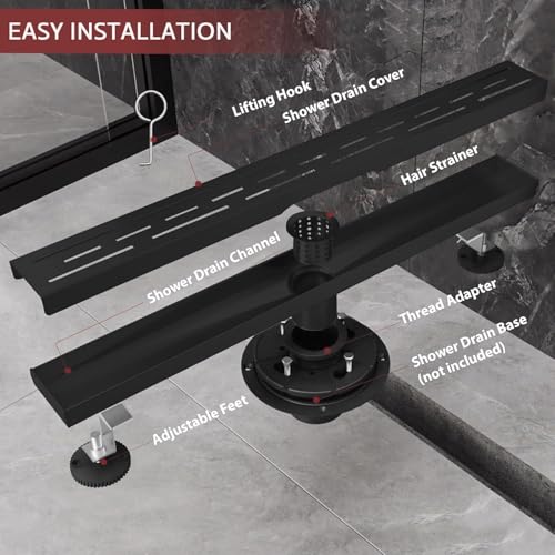 28-Inch Linear Shower Drain, 2-in-1 Reversible Tile Insert Grate, Black 304 Stainless Steel Floor Drain with Hair Strainer & Leveling Feet, Modern Bathroom Shower (Drain Base Not Included) - color: Matte Black, size: 28 inch