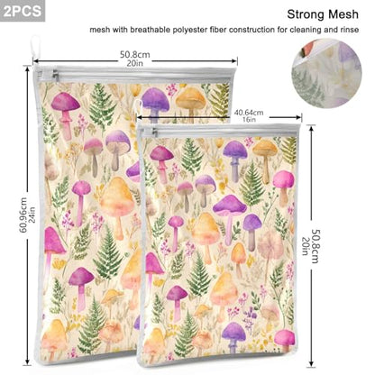 Mesh Laundry Bags Lingerie Bags for Washing Delicates 2 PCS Durable Wash Bag with Zipper Small and Medium Washable Mushroom Colorful Pattern - color: Mushroom Leaves Pink Green