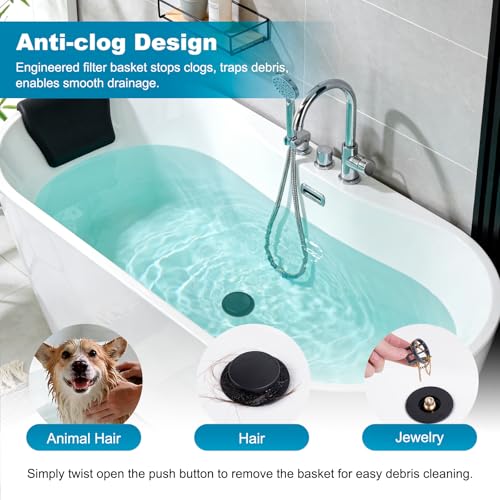 Hibbent 3 in 1 Metal Bathtub Drain Stopper, Universal Pop Up Tub Stopper - color: Matte Black