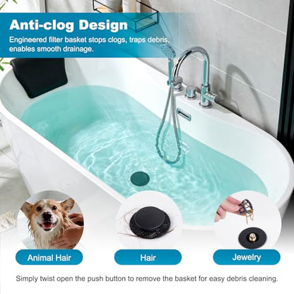 Hibbent 3 in 1 Metal Bathtub Drain Stopper, Universal Pop Up Tub Stopper - color: Matte Black