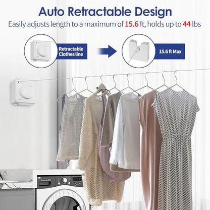 Retractable Clothesline Indoor, Non-Sagging Clothes Line Retracting Outdoors,15.6Ft Heavy Duty Clothes Drying Laundry Line, Wall Mounted Clothesline (White) - color: White-15.6ft