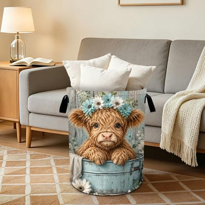 Highland Cow Laundry Basket Collapsible Oxford Laundry Hamper Clothes Storage Bin with Handles for Bedroom Bathroom Laundry Room 19.6 x 15.7 Inches - color: Highland Cow