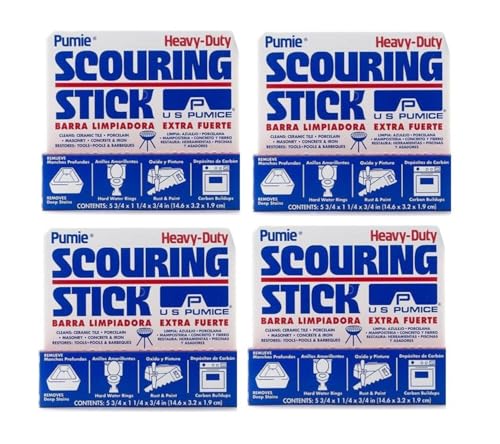 PUMIE Pumice Scouring Stick for Cleaning Toilet Bowl Rings & Hard Water Stains, Bathroom, Pools & Tubs, Pumice Stone for Toilet Cleaning, Rust, Grills, Food Build Ups, Pack of 4, includes Scouring Pad - size: 1 Count (Pack of 4)