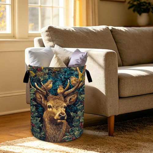 Deer Birds Laundry Basket Foldable Oxford Laundry Hamper With Handle For Room Bathroom Bedroom - color: Deer Birds