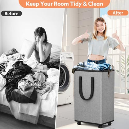 SpaceTrove Rolling Laundry Basket with Wheels, Laundry Hamper, 80L, Grey - color: Grey, size: 80L