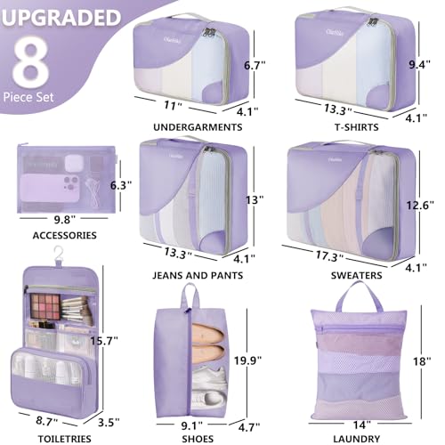 OlarHike 8 Set Packing Cubes for Travel,Gifts for Women Mom,Anti-Tearing Suitcase Organizer,with Over 1000 pcs Mesh Holes,Vacation Essentials & Accessories for Cruise Ship - color: 13 Purple