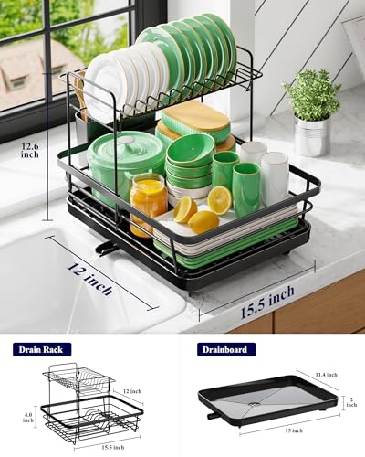 Kitsure Dish Drying Rack for Kitchen Counter, 12''W x 15.5''L, 2-Tiers - color: Black, size: 12''W x 15.5''L - 2 Tiers