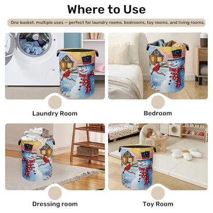 Snowman Cardinal Large Clothes Hamper Bag - Laundry Basket with Handles, Space Saving Foldable Design for Nursery - color: Snowman Cardinal