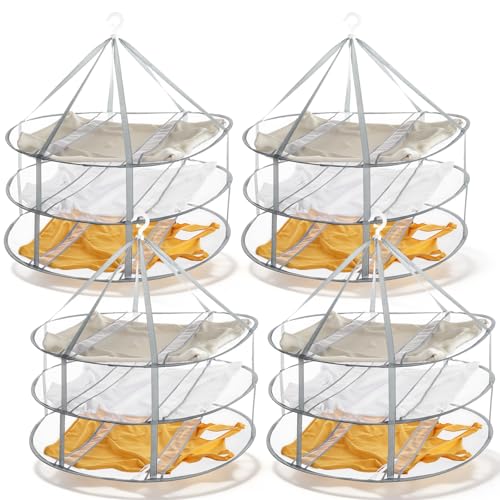 4 Pack 3-Tier Folding Mesh Clothes Hanging Dryer, Sweater Drying Rack Large Laundry Drying Rack Lay fold Flat Dry Hanger with Fixing Band for Laundry Indoor T-Shirt Swimsuit Sweater Underwear