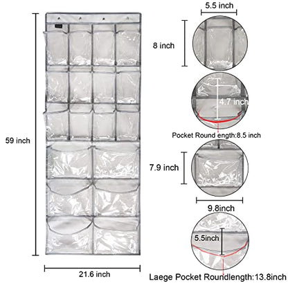 2 Pack Extra Large Hanging Crystal Clear Over Door Shoe Organizers, Closet Shoe Rack Organizer, 12+6 Pockets, 8 Hooks, Grey (59" x 21.6") - color: A-Grey&Clear