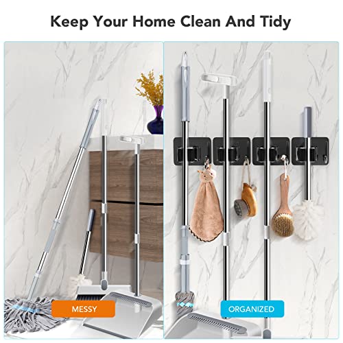 homeasy Broom Holder Wall Mount 4Pcs, Self Adhesive Mop Broom Hanger - color: Black Mix