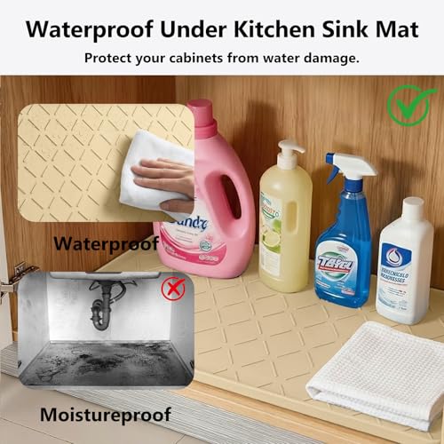 Mateeylife Under Sink Mat Kitchen Waterproof, Silicone Sink Tray 22"X19" - color: Khaki, size: 19"W x 22"L
