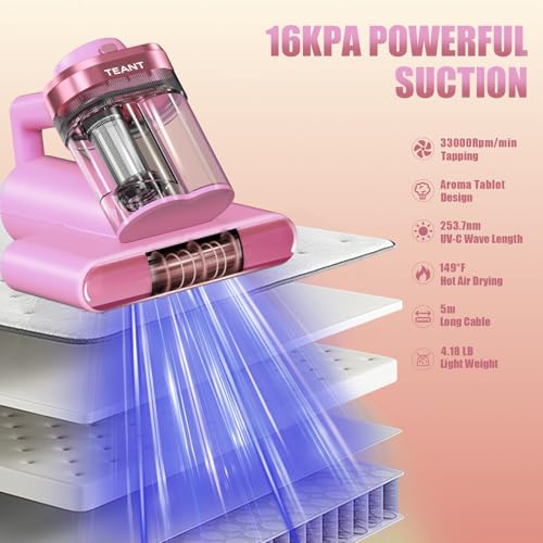 Teant Mattress Bed Vacuum Cleaner, 16 kPa Suction & 253.7nm UV-C, MV-Pink - color: Pink