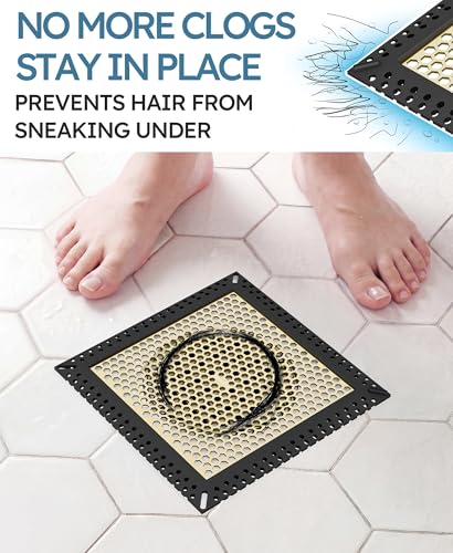 Square Shower Drain Hair Catcher, Anti-Clogging, 6 inch - color: Matte Black & Brushed Gold, size: 6 inch