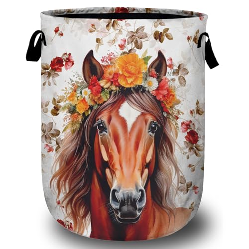 Watercolor Horse Laundry Basket, Foldable Waterproof Animals Floral Laundry Hamper Tote Bag Dirty Clothes Storage Bucket Organizer for Bathroom/Laundry/Bedroom 15.7"x19.6" - color: Horse Floral
