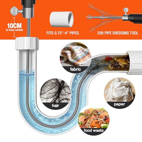 25FT Plumbing Drain Auger Snake, Multi-use Drain Cleaner & Pipe Hair Removal Tool, Drill Powered & Manual Type with Drill Adapter and Gloves for Sink, Shower Drain, Bathtub, Kitchen Sink