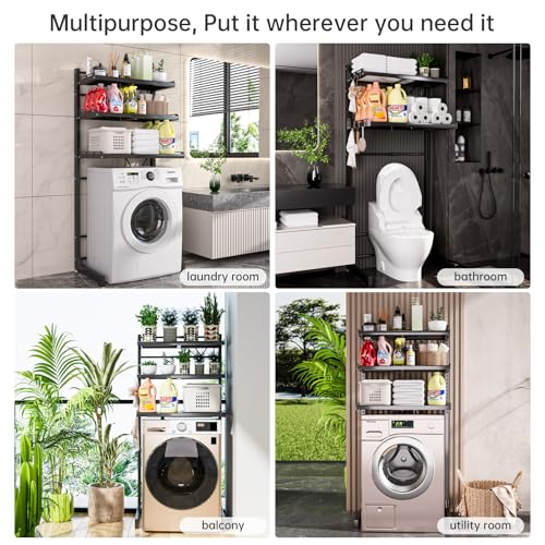 Carbon Steel Over Washer and Dryer Shelf, 2 Tier Bulkhead Laundry Room Storage and Organization Riser, Above Toilet Rack, (14.17“-25.59”) W*15.75 “D*63.39 ”H, Gray