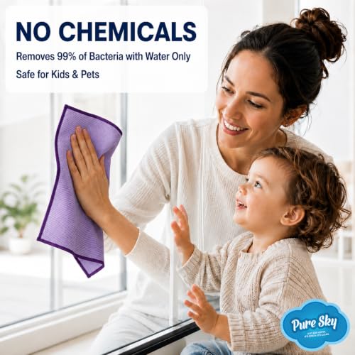 Pure Sky Window & Glass Cleaning Cloth Patented DUO-FECT Technology Streak-Free, No Chemicals, Removes Up to 99% of Bacteria with Water Only Reusable Microfiber Cleaner for Windows, Mirrors, Cars - style: Window and Glass Cloth