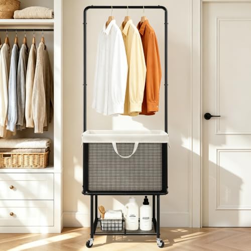 STO STO Rolling Laundry Cart with Hanging Bar, Hamper with Wheels, Beige