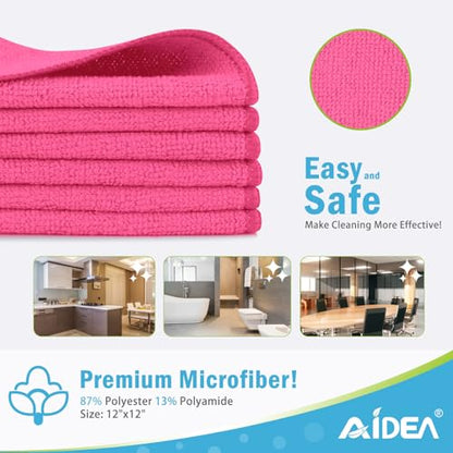 AIDEA Pink Microfiber Cleaning Cloth-12PK, Absorbent Cleaning Rags 12"x12" - color: Pink, size: 12in.x12in.