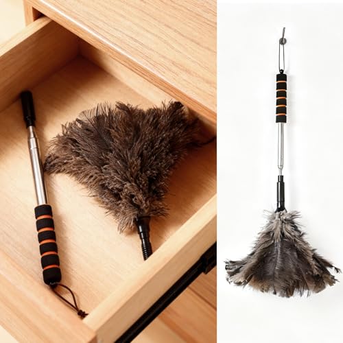 Extendable Ostrich Feather Duster 26-55 Inch, Natural Cleaning Duster with Sponge Grip and Stainless Steel Extension Pole Reusable for High Ceilings, Fans, Blinds, Furniture, Interior & Roof Dusting. - size: 21-55 Inch