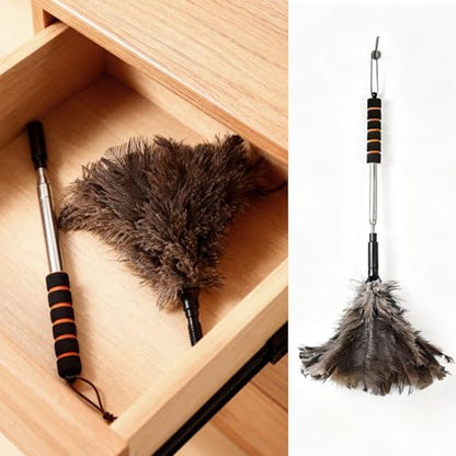 Extendable Ostrich Feather Duster 26-55 Inch, Natural Cleaning Duster with Sponge Grip and Stainless Steel Extension Pole Reusable for High Ceilings, Fans, Blinds, Furniture, Interior & Roof Dusting. - size: 21-55 Inch