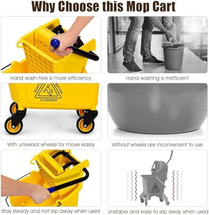 Mop Bucket, Commercial Bucket for Mopping on Wheels - size: 34 Quarts
