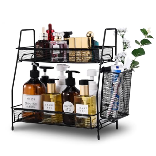 LEMIKKLE 2-Tier Bathroom Countertop Organizer,Skincare, Makeup Countertop Organizers, Kitchen, Bathroom Counter Storage with Small Basket (Black) - color: Black (Size: 7" x 12" x 13", 2-Tier)