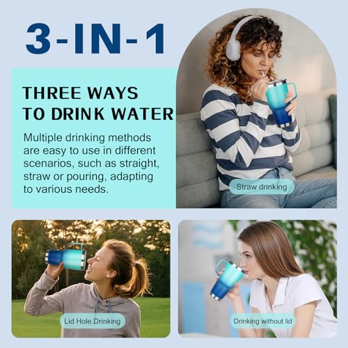 30 oz Stainless Steel Tumbler with Handle, Double Wall Vacuum Insulated Coffee Mug with Lid and Straw, Thermal Cup for Cold and Hot (Light Dark Blue) - color: Light Dark Blue, size: 30 Ounces