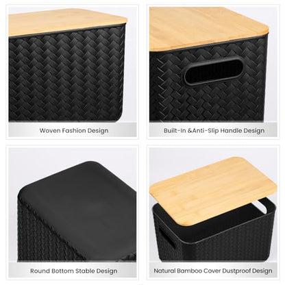 Ohmlove 4 Pack Storage Bins with Bamboo Lids,Stackable Box for Organization - color: Black