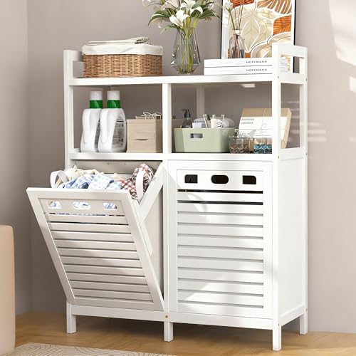 VASMIA Tilt Out Laundry Hamper Cabinet, Bamboo Double Laundry Hamper with 2 Removable Laundry Baskets, 20 Gal Laundry Sorter Organizer with Shelf for Dirty Clothes, Bathroom, Laundry Room, White - color: White, size: 31.1"L x 13.6"W x 39.1"H