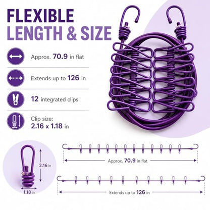 Portable Clothesline with 12 Clips, Stretch Travel Drying Rope with Stainless Steel Hooks for Camping Indoor Use.(Purple) - color: Purple