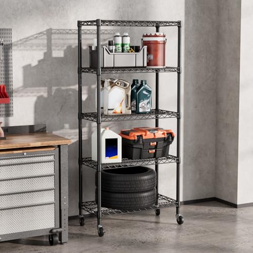 SINGAYE 5 Shelves Storage Wire Shelf Closet Metal Shelving Pantry Wheels - color: Black, size: 5Tier/14"D X 30"W X 70"H