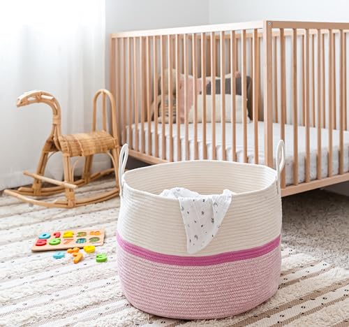 OrganiHaus Round Toy Basket & Blanket Basket, Cotton Rope 20x13" - color: Striped Pink, size: Wide
