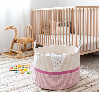 OrganiHaus Round Toy Basket & Blanket Basket, Cotton Rope 20x13" - color: Striped Pink, size: Wide