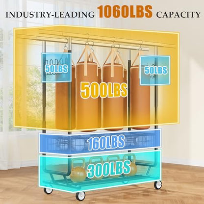 Gewudraw Clothes Rack Heavy Duty Load 1060 LBS With Wheels,Commercial,Black - color: Black, style: Double Rod & Shelves
