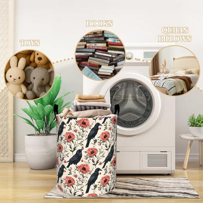 Elegant Crow with Red Flowers Laundry Basket, Dorm Nursery Foldable Gothic Laundry Hamper Organizer for Bathroom Decor, Toy Clothes Storage Box for Bedroom 19.7x15.7 Inch - style: Crow04