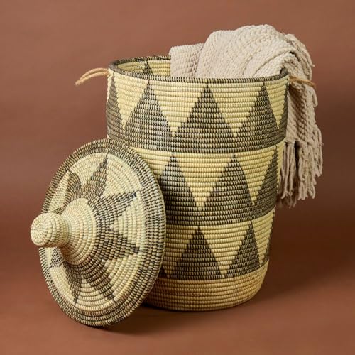 Large Blanket Basket with Lid, Black African Wicker Basket for Living Room, Bedroom, 18" Wide, 23" Tall - color: Black Triangles
