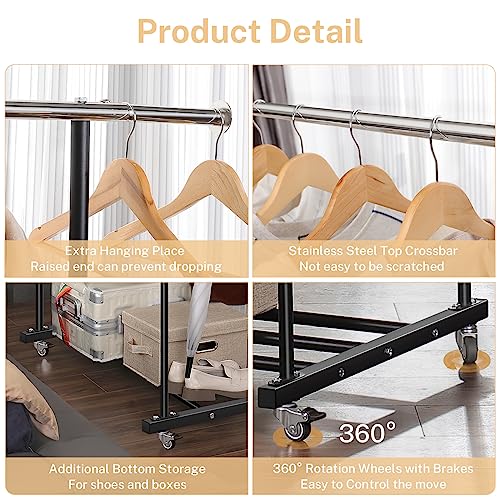 VICERII Clothes Rack, Double Clothing Rack with Wheels and Extra Wide Bottom Shelf, 52.36’’ Heavy Duty Garment Racks for Hanging Clothes, Coats, Shirts, Skirts, Dresses, 130LB Capacity, Black - color: Matte Black, size: Double