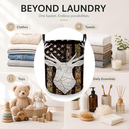 Laundry Hamper, Deer Antlers Collapsible Camo Flag Laundry Baskets Waterproof Oxford Cloth With Handles, Clothes Storage Bucket For Bathroom/Bedroom 16" x 20.8" - color: Deer Antlers