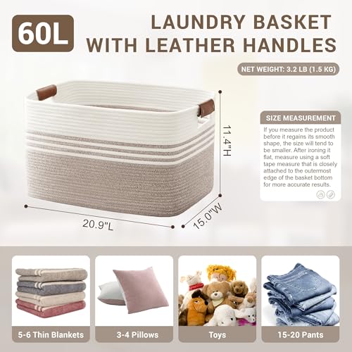 60L Woven Laundry Basket Hamper with Leather Handles,Brown - color: Brown, size: 60L