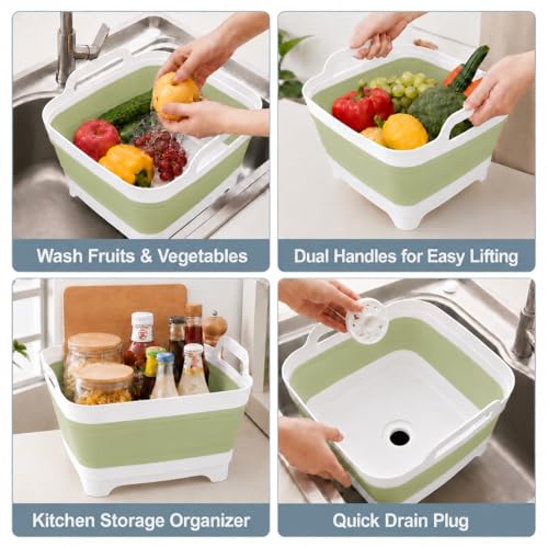 Collapsible Dish Basin with Drain Plug, Foldable Wash Basin 2.4 Gal (9L) - color: Green