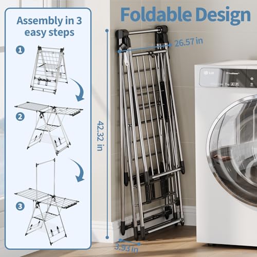 APEXCHASER Clothes Drying Rack with High Hanger, 3-Level Drying Racks - color: Silver, size: 2 Wings