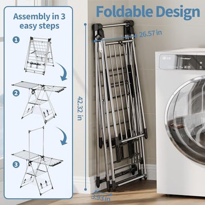 APEXCHASER Clothes Drying Rack with High Hanger, 3-Level Drying Racks - color: Silver, size: 2 Wings