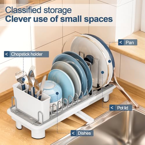 Compact Dish Drying Rack with Utensil Holder – Small Countertop Dish Drainer with 360° Rotating Drain Spout, Stainless Steel Dish Rack for Kitchen Sink, Space-Saving Design for Small Kitchen, White - color: White