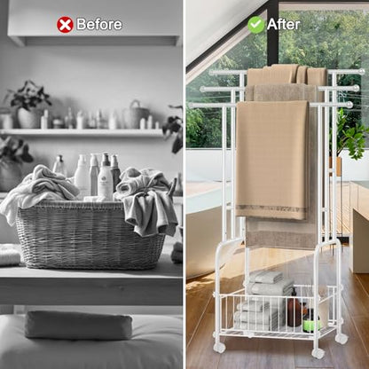 Freestanding Towel Rack for Bathroom, 3-Tier White Metal Stand with Basket